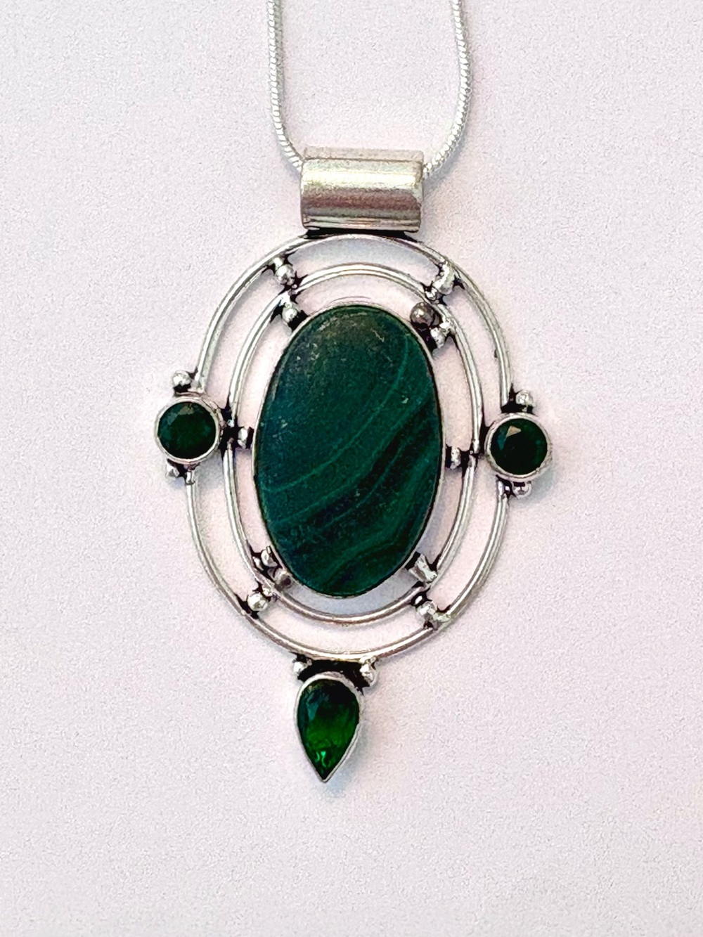 Beautiful, 2 inch,925 marked, Malachite and Green Onyx pendant on a silver chain